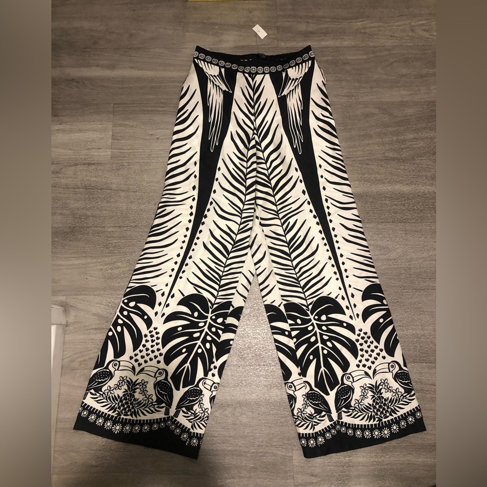 New Rachel Zoe Wide Leg Tropical Print Pants in Black & White S